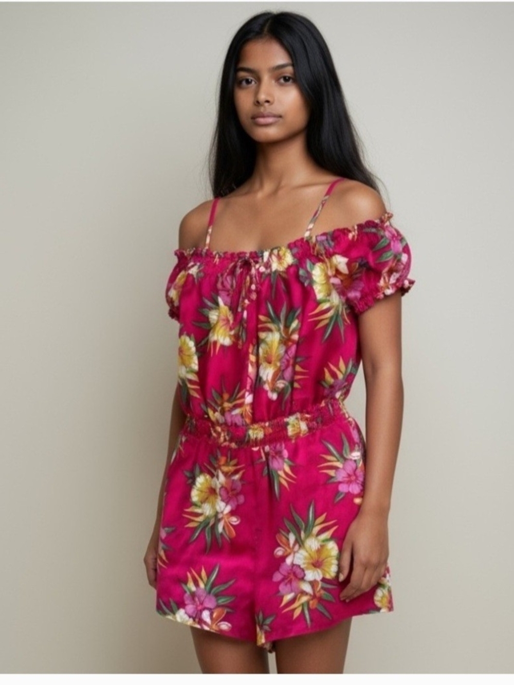 BCBG Girls Hot Pink Floral Off-Shoulder Romper. Size 10/12